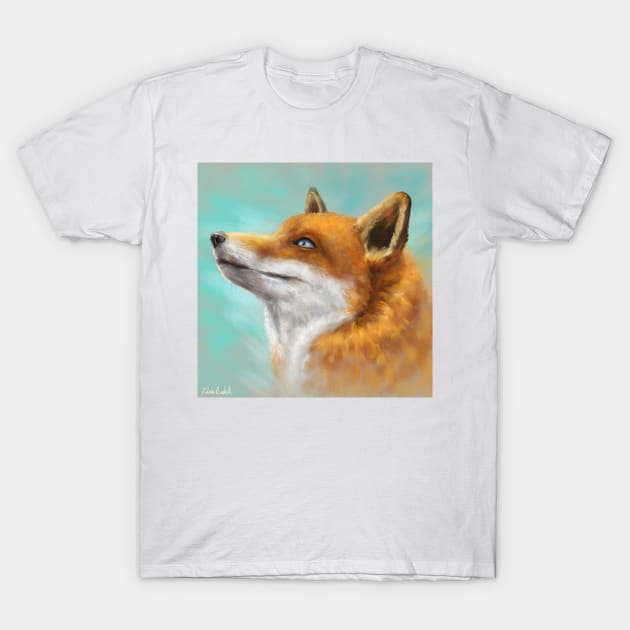 Painting of a Red Fox Looking to the Left with Turquoise Background T-Shirt by ibadishi